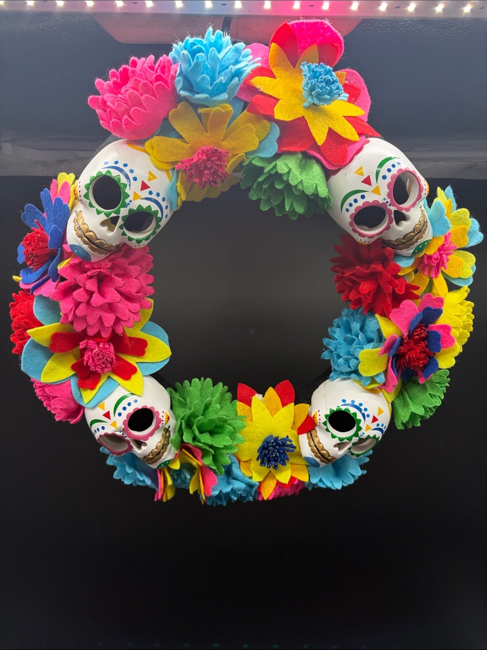 Colorful Day of the Dead Sugar Skull Wreath with Multicolor Felt Flowers